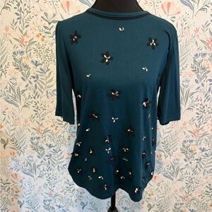 Ann Taylor Teal Floral Embellished Top